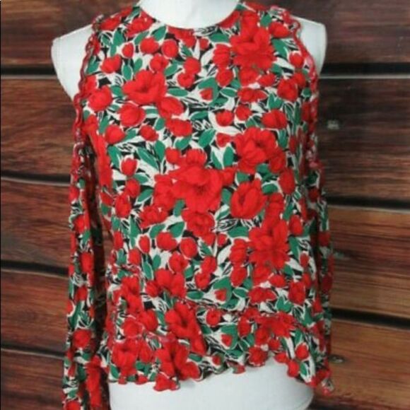 ZARA red flowers daisy print blouse shirt tee top long sleeve off shoulders sz s - Picture 6 of 6